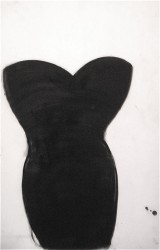 Gestural, black oil pastel drawing on vellum offers a playful critique of Coco Chanel's ubiquitous little black dress.