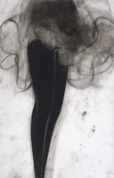 Black stockings cropped at the feet, emerge from a gestural flurry of black and grey tulle.