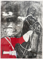 A portrait of a Canadian Mountie and his horse are the subject of this unique 1970 print (edition 1 of 1) by Charles Pachter.