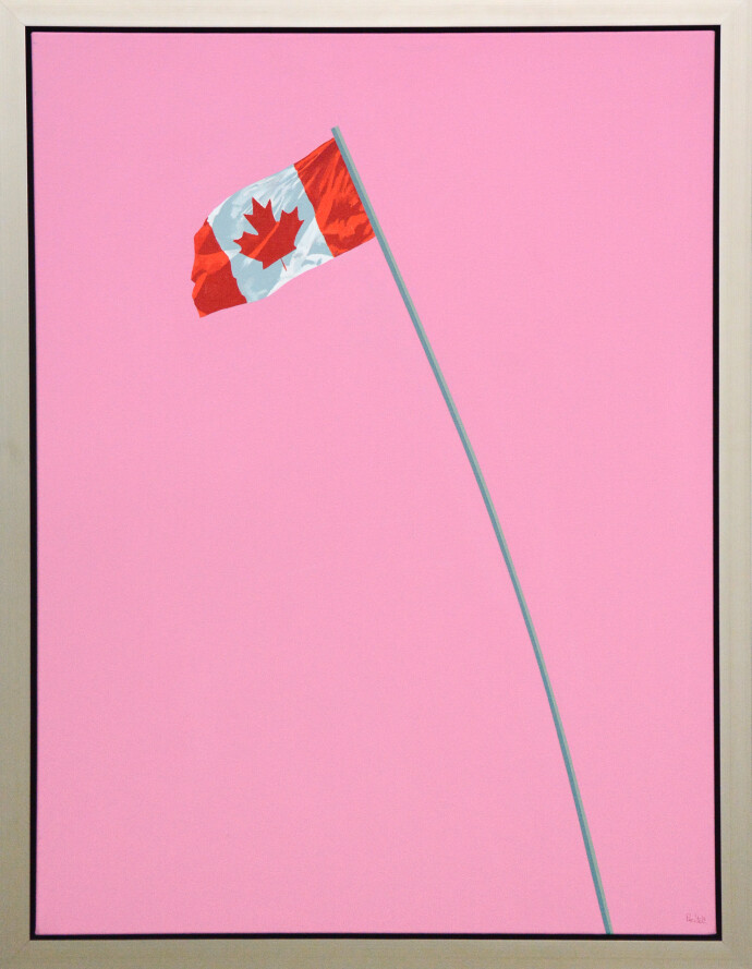 A Canadian flag flies smartly from the top of a grey-green pole that swoops into the centre of a flat, taffy pink sky.