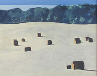Giant bales of freshly cut hay dot the countryside in this charming landscape of farm life. Image 2