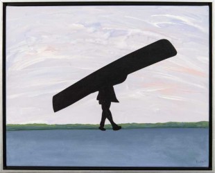 Set against an evening sky of soft grays and pinks, Charles Pachter’s ‘Manoe,’ the silhouette of a man carrying a canoe on his head is a cla…