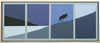 In this panoramic view of the Canadian wilderness by Charles Pachter—a lone moose climbs a mountain framed by a lake and sky.