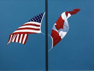 Bold painting of the Canadian and American flags dancing from the same pole on a sky blue ground.