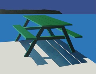 This stylized elegant and minimalist image of a picnic table is set against a northern Ontario landscape.