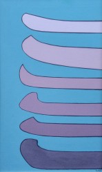 Six canoe tips stacked vertically, painted in colour gradients from lavender to mauve, float upon a turquoise water ground.