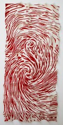 Crimson red waves silkscreened onto white felt swirl into a two tight eddies at the centre of this sculptural work.
