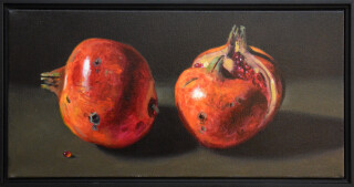 Two red-orange pomegranates, one cut cleanly in half are set on a dark ground in this realistically rendered and intimate oil painting on ca…
