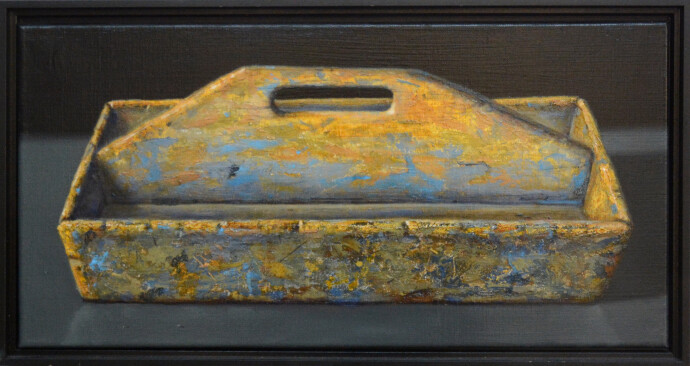 The stature of an everyday item…an antique, well-worn box used for cutlery is elevated to fine art in this realistic oil painting by Ciba Ka…