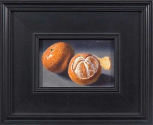 Two fresh orange tangerines, one partially peeled, are set on a charcoal ground in this realistically rendered and intimate oil painting on …