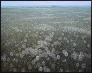 Dove grey dandelions that have gone to seed lead the eye through an enormous field of mauve, yellow, and dark green in this oil painting by …