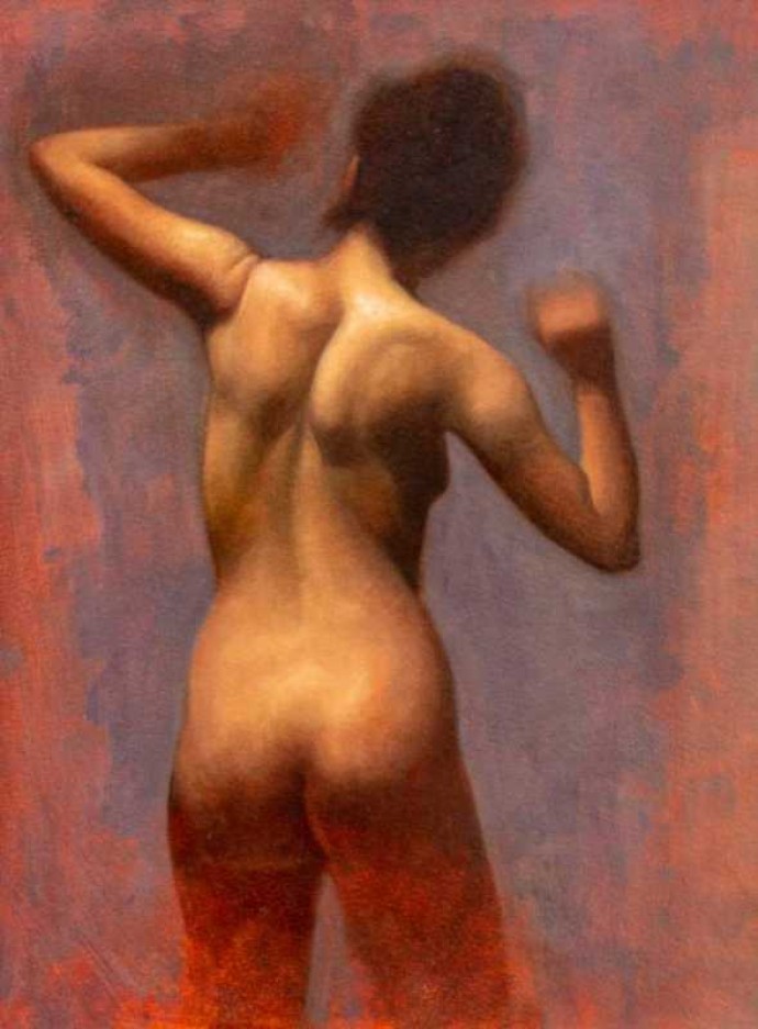 Sensuous portrait of a nude woman in an abstracted red and grey environment.