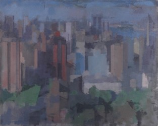 Exquisite urban landscape painting of New York City in rich and jazzy hues of blue.