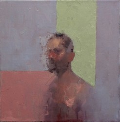 Iconic image of a nude male torso on a ground of shifting depths and colours, cool green and lavender with pink and red-browns.