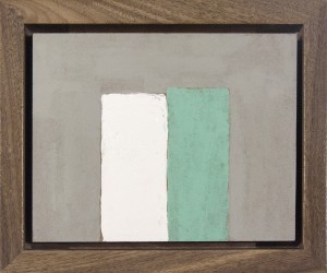Two vertical rectangles in olive and light brown on a light burnt umber ground are an elegant representation of a still life by David Cantin…