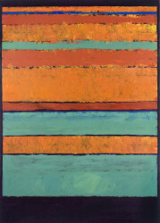 A scaffold of dark violet gives structure to painterly hot orange and teal bands in this confident abstract canvas by David Sorensen.