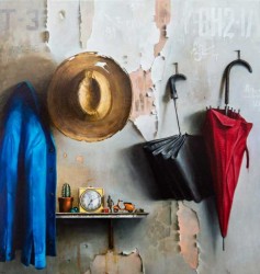 In this charming oil portrait of a foyer, a dilapidated wall provides the backdrop for a well-loved straw hat, a royal blue coat, black and …
