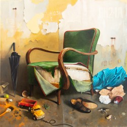 A well-worn green leather chair sits against a dilapidated wall--paint-peeling in this nostalgic oil painting by Dmitry Yuzefovich.