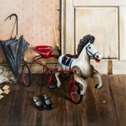 A charming old fashioned toy racing horse dominates this classic oil painting by Dmitry Yuzefovich.