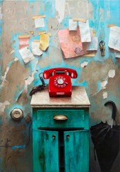 A bright red rotary phone sits on a turquoise-green cabinet, paper notes randomly taped to the wall, paint-peeling in this nostalgic trompe …