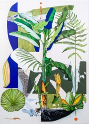 In this elegantly detailed abstract painting by Fiona Ackerman, an emerald green tropical plant is surrounded by bulbs, delicate ferns and o…