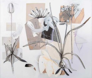 Fiona Ackerman’s painting called Silver is a stunning abstract composition of delicate flowers—roots, bulbs and organic shapes in silvery wh…