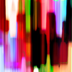 Like a fragment of blurred film, abstract geometric shapes saturated in red, fuschia, violet, and blue flicker across this square archival c…