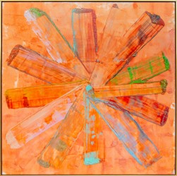 This joyful ‘spoke’ painting by abstract artist Harold Feist is rendered in brilliant orange, turquoise, bright green, and a hint of black.