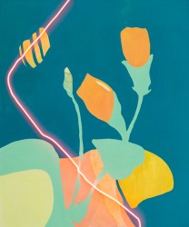 Tulips re-imagined in apricot hues pop against a rich dark turquoise canvas in this new abstract floral by Heidi Conrod.
