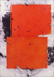 This bold abstract composition in deep orange, black and white by Ivo Stoyanov is a mixed media work on canvas.