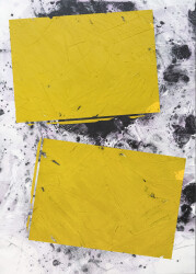 This bold abstract composition in bold yellow-green, black and white by Ivo Stoyanov is a mixed media work on canvas.