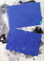 Bold rectangles in vivid blue float on a ground of dove grey and black in this elegant painting by Ivo Stoyanov.