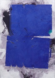This dynamic abstract composition in indigo-blue, black and white by Ivo Stoyanov is a mixed media work on canvas.