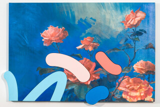 Lush stems of gorgeous coral-coloured roses play against a deep blue and white background.