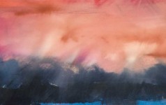 A fiery sky in crimson and cerise descends on a horizon of dark mauve hills and strip of azure sea in this emotive painting by Jay Hodgins. Image 5