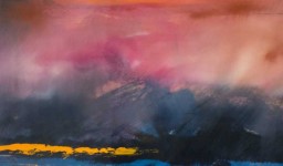 A fiery sky in crimson and cerise descends on a horizon of dark mauve hills and strip of azure sea in this emotive painting by Jay Hodgins. Image 4