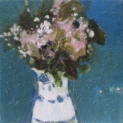 A bouquet of pink and white blossoms fills a white and blue jug in this elegant floral by Jennifer Hornyak.
