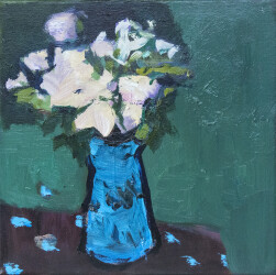 A blue vase with flowers of pink and mauve is framed by passages of green and brown in this modernist still life.