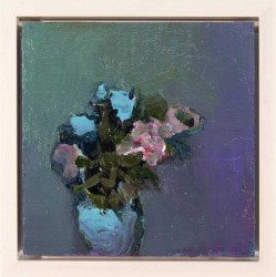 This lovely oil painting of flowers by British artist Jennifer Hornyak in soft pinks and pale blues, highlighted by green foliage is set aga…