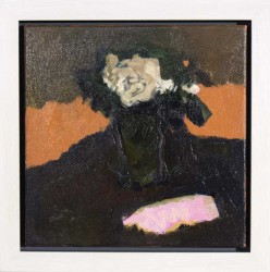 Creamy coloured flowers against a dark green and orange background, with a patch of pink in front in this evocative sophisticated oil compos…