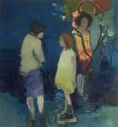 Portrait of a young girl speaking to a woman at night, their conversation overheard by another.