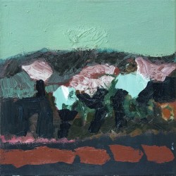 Layered shapes of a cobbled road, turquoise trees and sky verge on the abstract in this playful landscape by Jennifer Hornyak.