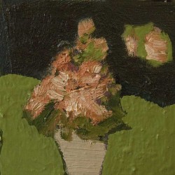 Small yet captivating painting in various shades of green, pink and white.