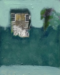 In lovely, muted shades of green, gray and lilac, a small vine covered house sits in a field of green in this charming collage and oil compo…