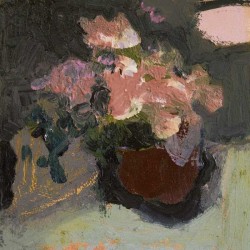 Painterly greens and cobalt frame flowers in dashes of pink and lilac in this intimate oil by Jennifer Hornyak.