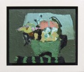 A small, lime green panier brimming with blossoms in pink, orange and yellow is set on a green striped cloth and in front of a turquoise lit… Image 6