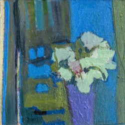 Foliage and a single pink flower are framed by textured shapes of verdant green and cerulean in this sophisticated composition by Jennifer H…