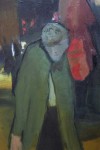 A hunched person in a coat and hat, depicted in painterly passages of moss green, grey, and black walks past a tall figure in red, red flowe… Image 3