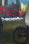 A hunched person in a coat and hat, depicted in painterly passages of moss green, grey, and black walks past a tall figure in red, red flowe… Image 4