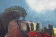 A hunched person in a coat and hat, depicted in painterly passages of moss green, grey, and black walks past a tall figure in red, red flowe… Image 5